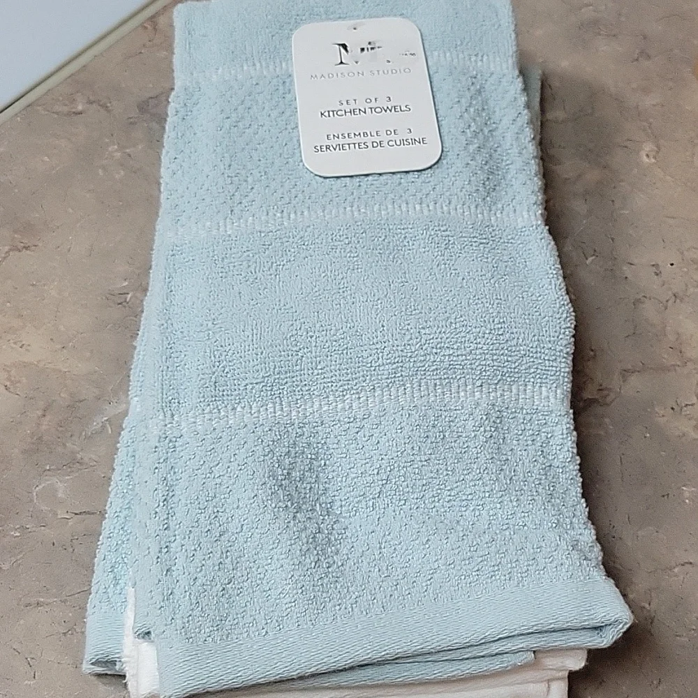 Set of 3 Madison Studio Kitchen Towels Light Blue White Cotton Waffle 18
